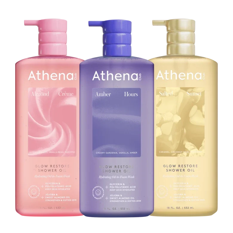 Glow Restore Shower Oil Trio T3 Almond Creme, Amber Hours, Salted Sunset